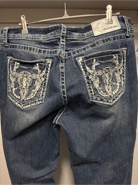 Grace in LA Dark Blue Boot Cut Jeans with Embroidered Pockets